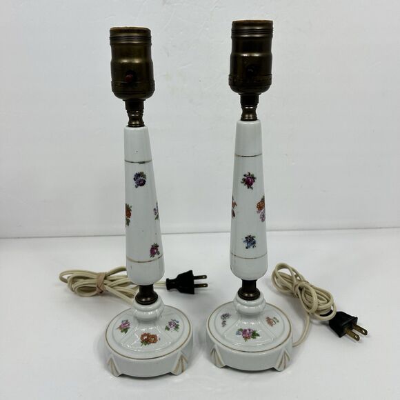 Unbranded Other - Porcelain Floral Lamps Table Cottagecore Boudoir 12" White Gold Trim Pair 50s?